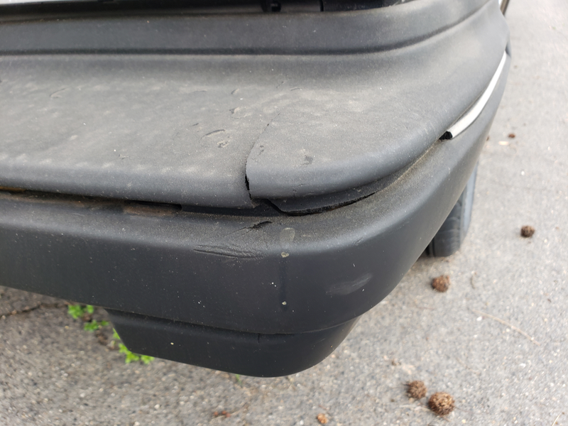 Finding new bumpers is difficult. I am thinking of gluing these back together, sanding, and Plastidip to try to make it look better.